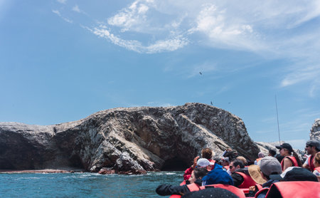 Unrecognizable people on boat sightseeing in the Ballestas Islands at Paracas, Ica Peruの写真素材