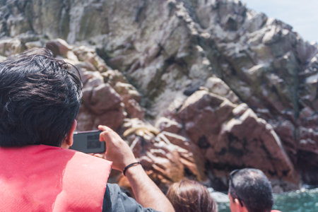 Unrecognizable people on boat sightseeing in the Ballestas Islands at Paracas, Ica Peruの写真素材