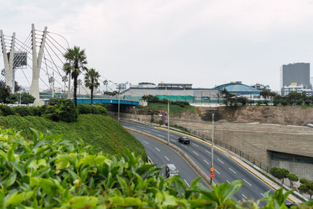 View of cars driving on Costa Verde avenue in Miraflores district, Lima Peruの写真素材