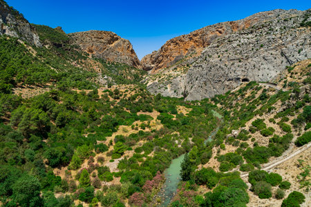 El caminito de rey, a deep rock gorge in the mountains, crossed by a path for hiking, from Malaga, Andalusia, Spain.の写真素材