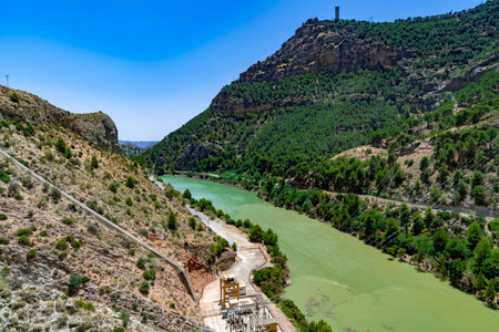 El caminito de rey, a deep rock gorge in the mountains, crossed by a path for hiking, from Malaga, Andalusia, Spain.の写真素材