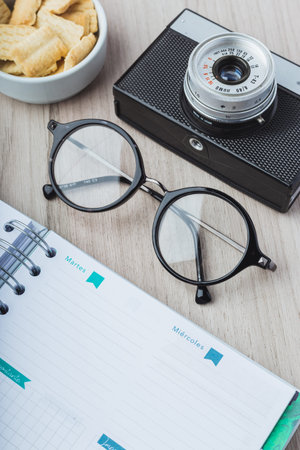Woman glasses with planner, cookies and camera