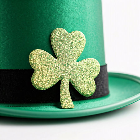 Green leprechaun hat with clover leaf on white backgroundの素材