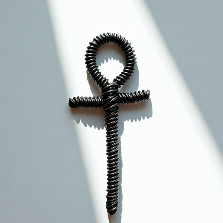 Black metal cross on a white background with a shadow from the sunの素材