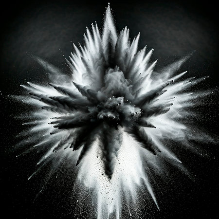 Explosion of white powder on black background. 3D illustration.の素材