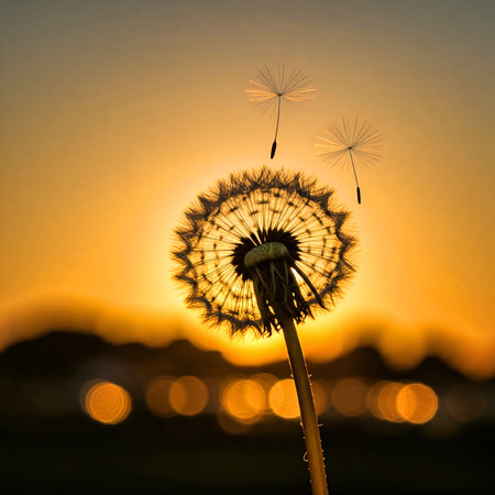 Dandelion seeds flying in the wind at sunset, close upの素材