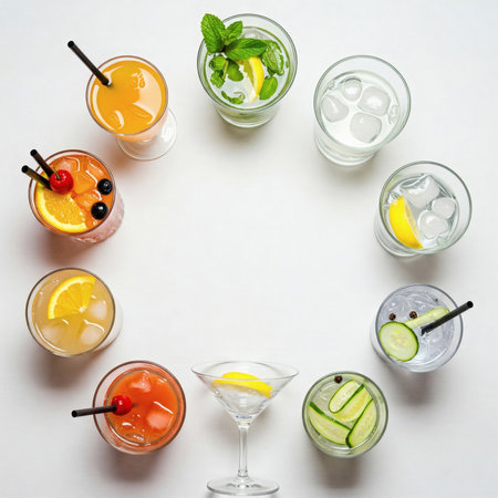 Variety of cocktails on white background. Top view, flat layの素材