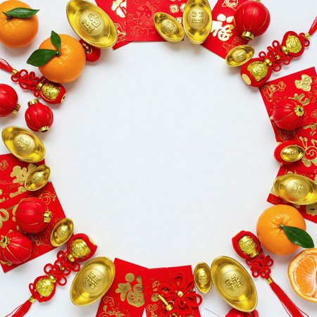 Chinese New Year decoration with gold ingots, red envelopes, tangerines and red paper on white backgroundの素材