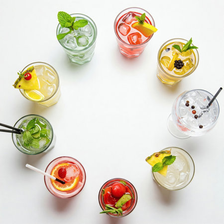 Different types of summer cocktails on white background. Top view, flat layの素材
