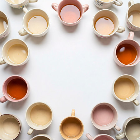 Many different cups of tea on a white background. View from above.の素材