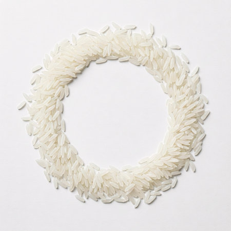 Circle of white rice on a white background. Top view.の素材