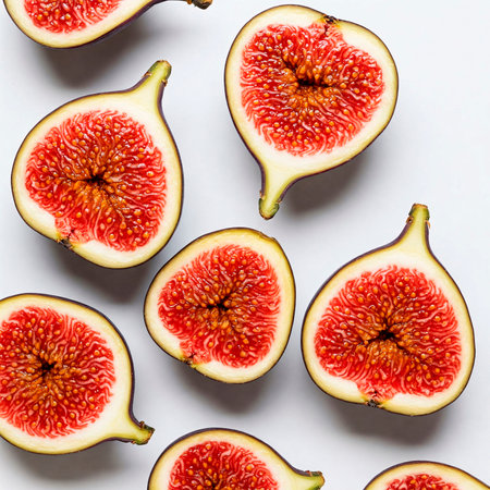 Ripe figs on white background. Flat lay, top viewの素材