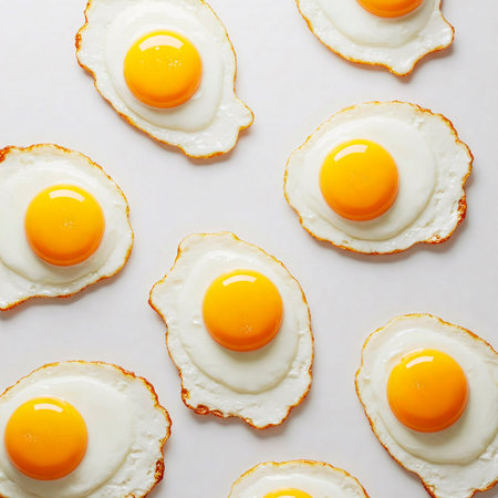 Fried eggs on a white background. Flat lay, top view.の素材