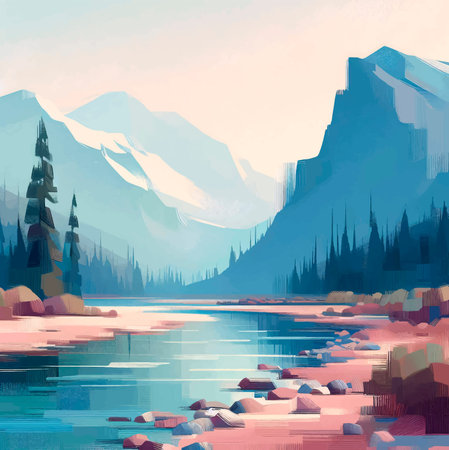 Landscape with mountains, lake and forest. Digital art painting.のイラスト素材