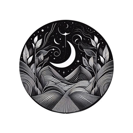 Black and white illustration with moon and stars. Design for spiritual relaxation for adults.のイラスト素材