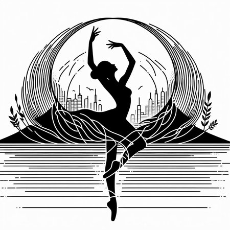Beautiful ballerina on the background of the city. Vector illustration.のイラスト素材