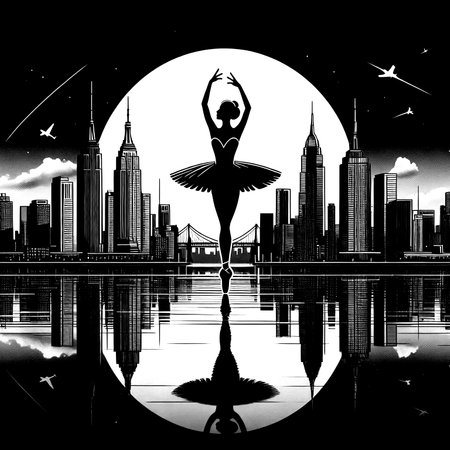 Black and white silhouette of a ballerina on the background of the cityのイラスト素材