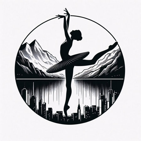 Ballet dancer in black and white round frame. Vector illustration.のイラスト素材