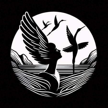 vector illustration of a woman with wings and a bird on the background of the full moonのイラスト素材