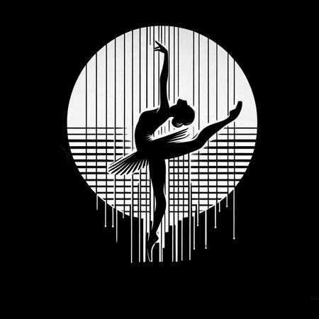 Ballet dancer silhouette on black background. Vector illustration. Black and white.のイラスト素材