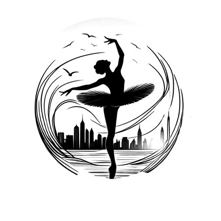 Ballet dancer in the city. Silhouette. Vector illustration.のイラスト素材