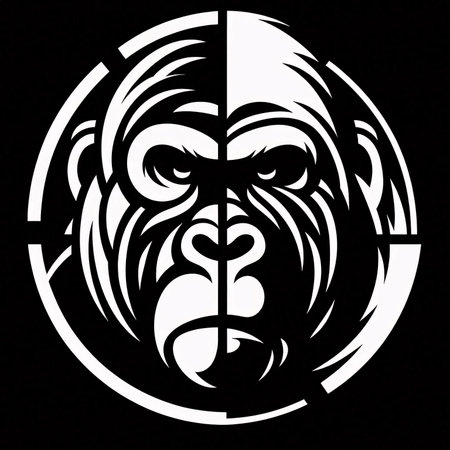 Gorilla head in a circle on a black background. Vector illustration.