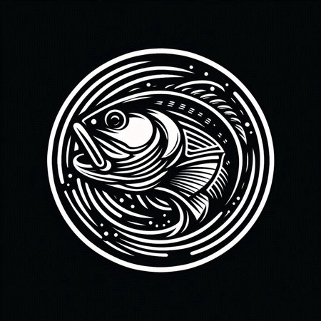 Illustration of a fish in a circle on a black background.