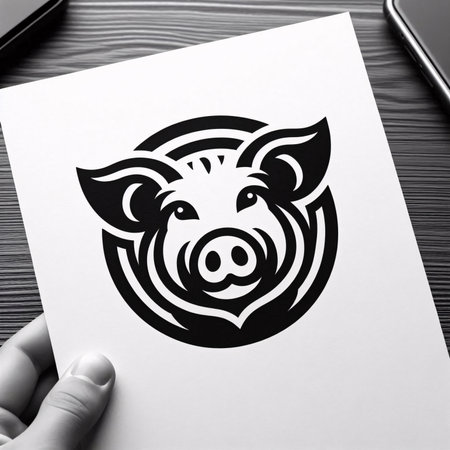 businessman hand holding a business card with pig symbol on wooden backgroundのイラスト素材