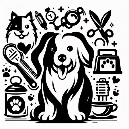 Black and white vector illustration of dog with grooming symbols and tools.のイラスト素材