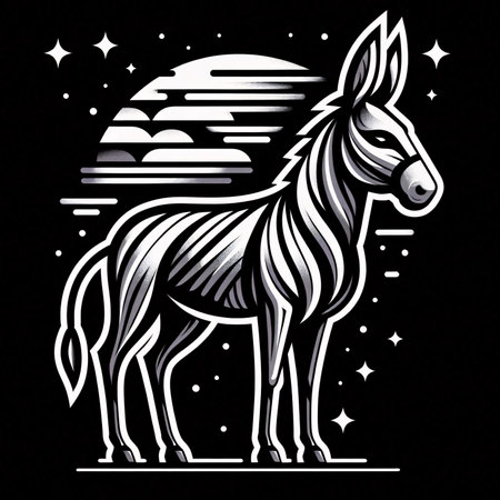 Illustration of a zebra on a background of the moon and starsの素材