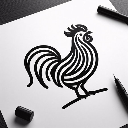 Hand drawn rooster on white paper with black marker.の素材