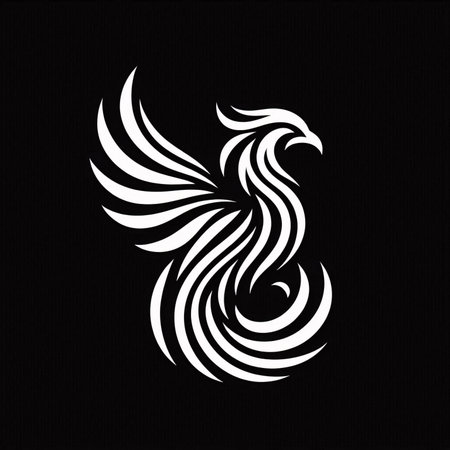 Black and white silhouette of a phoenix on a black background.の素材