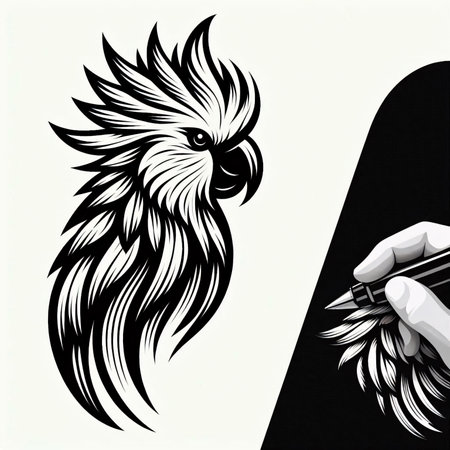 Black and white illustration of a rooster with a pencil in his handのイラスト素材