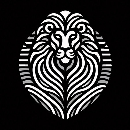 Black and white patterned lion on a black background. Vector illustration.のイラスト素材