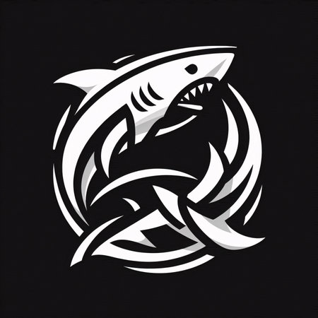 Shark head with tribal design on black background. Vector illustration.の素材