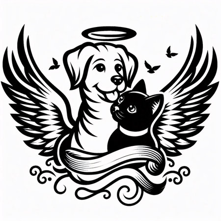 Black and white illustration of a dog with a cat and a ribbon.の素材