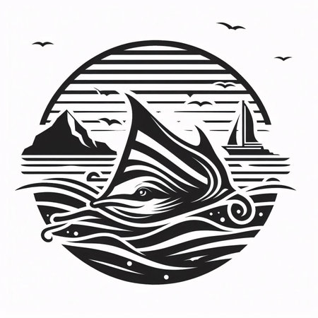 Manta ray fish in the sea. Black and white vector illustration.のイラスト素材