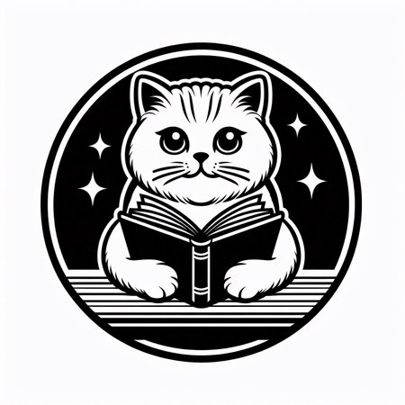 Cat reading a book. Vector illustration. Black and white image.のイラスト素材