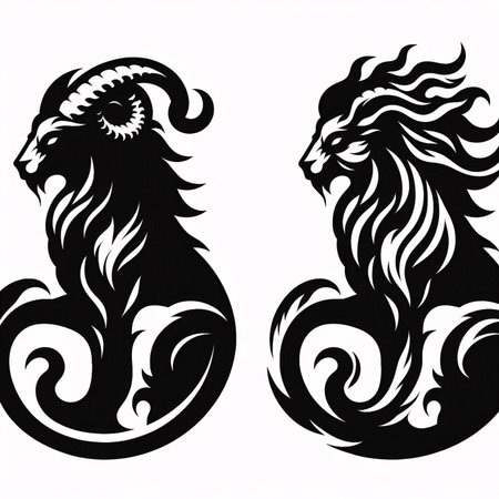 Lion head and lion head tattoo on a white background. Vector illustration.のイラスト素材