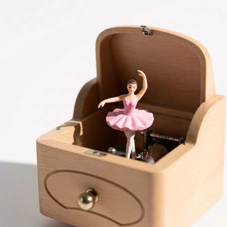 Miniature ballerina in a wooden box on a white backgroundの素材