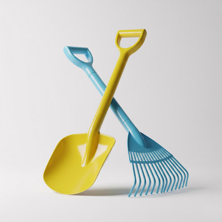 Shovel and rake on a white background. 3d renderingの素材