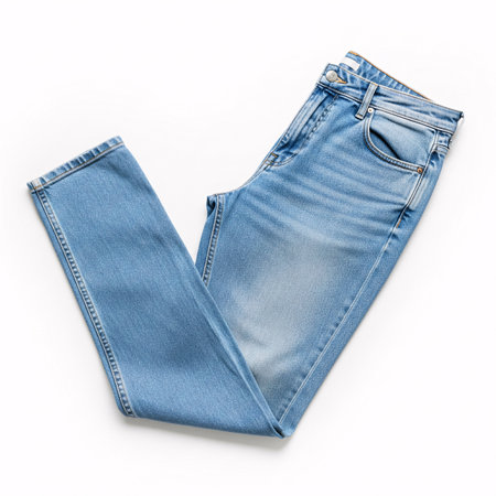 Fashion jeans on white background. Flat lay, top view.の素材