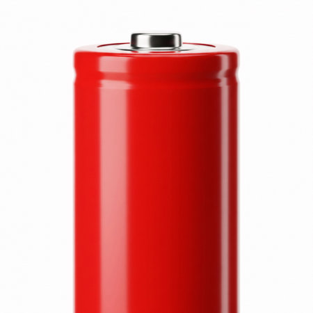 Red battery isolated on white background. 3d render. High resolutionの素材
