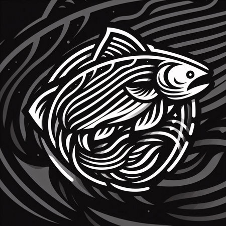 Black and white fish tattoo on black background. Hand drawn vector illustration.のイラスト素材