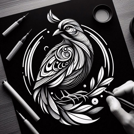 Top view of tattoo artist drawing rooster on black and white paper