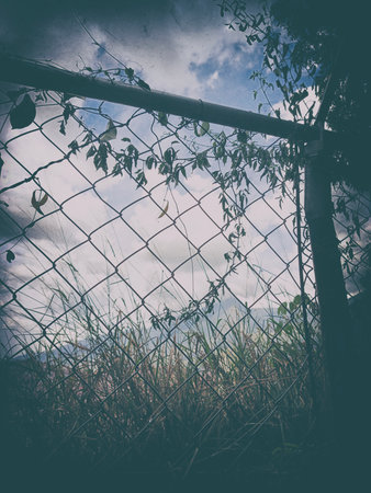 grunge fence with blue sky background,vintage tone.の写真素材