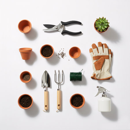 Gardening tools on white background. Top view. Flat layの素材