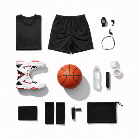 Flat lay composition with sports accessories on white background, top viewの素材