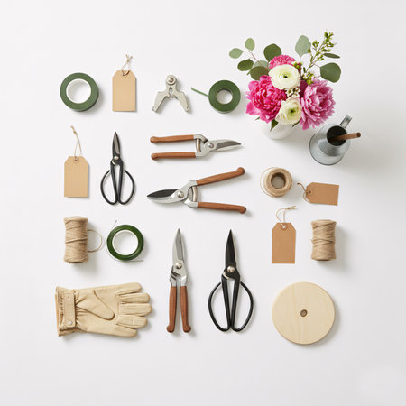 Flat lay composition with gardening tools and flowers on white background.の素材