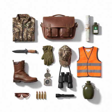 Hunting equipment and accessories on a white background. 3d renderingの素材